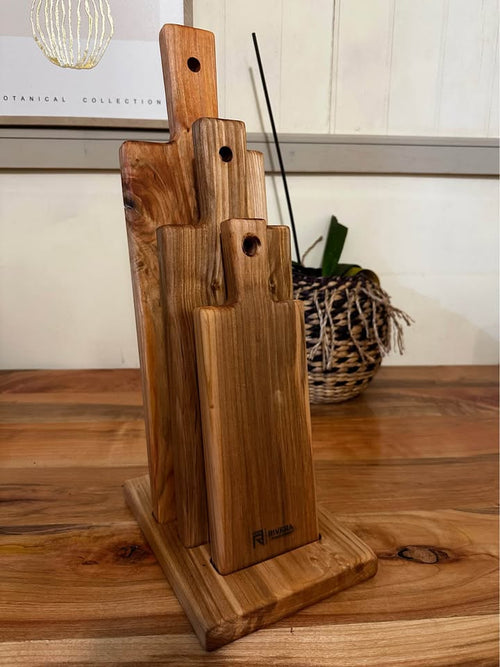 Set 3 Tablas de Picoteo en Madera Nativa de Raulí con Base Organizadora