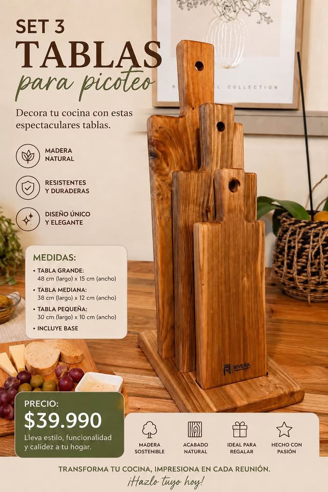 Set 3 Tablas de Picoteo en Madera Nativa de Raulí con Base Organizadora